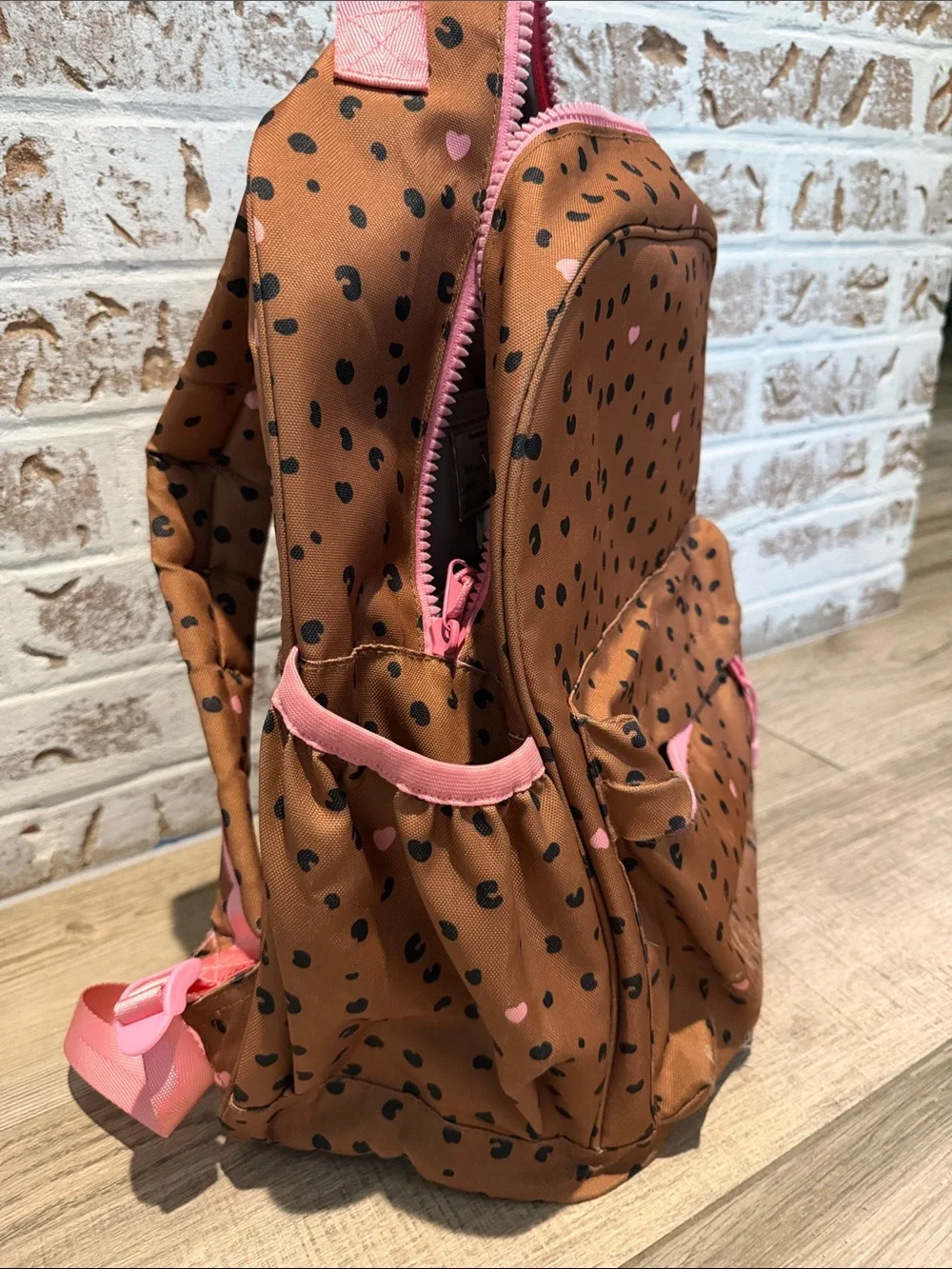 Crate&Barrel Brown Leopard Print Kids Backpack with Pink Accents